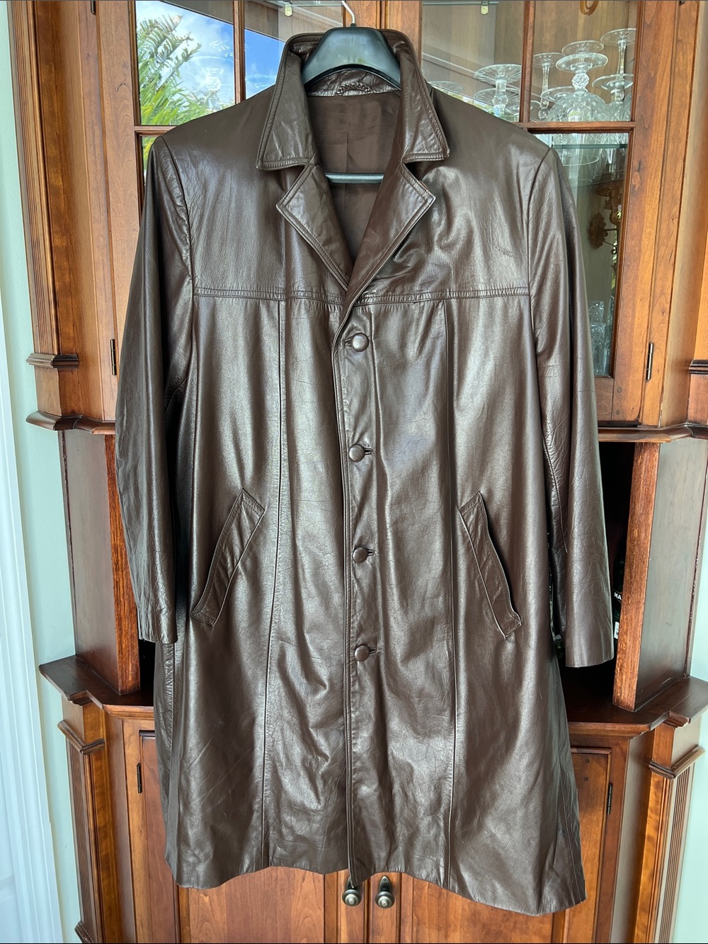 Classic Men's Brown Leather Long Trench Coat